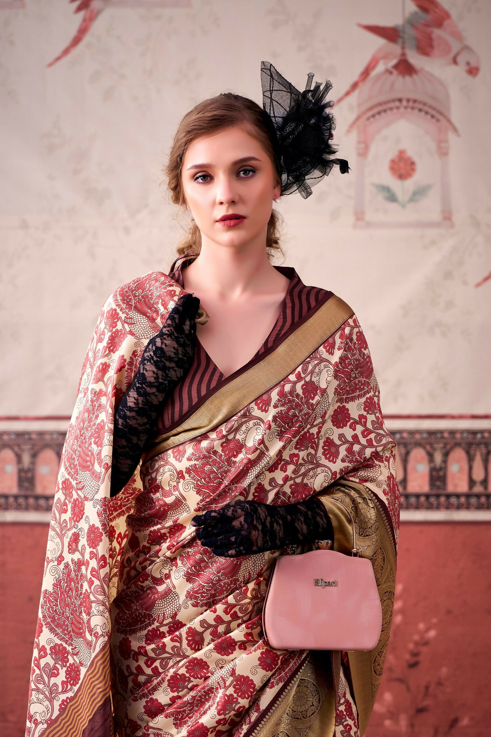 Vastranavya Pink Tussar Silk Printed with Viscose Border Saree & Unstitched Blouse - Distacart