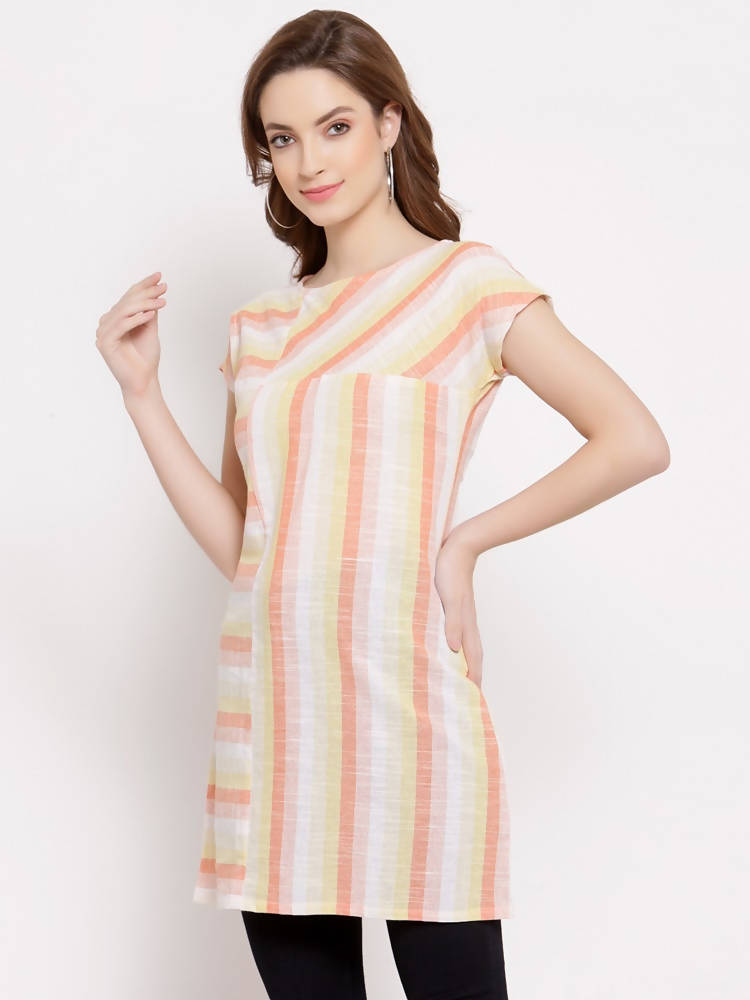 Myshka Women's Yellow Cotton Short Sleeve Round Neck Printed Casual Top