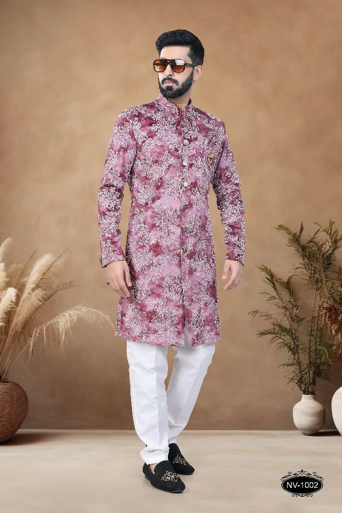 Joban Fashion Men's Pink Straight Swed Velvet Thread & Sequence Embroidery All Over Indo-Western Kurta Set - Distacart