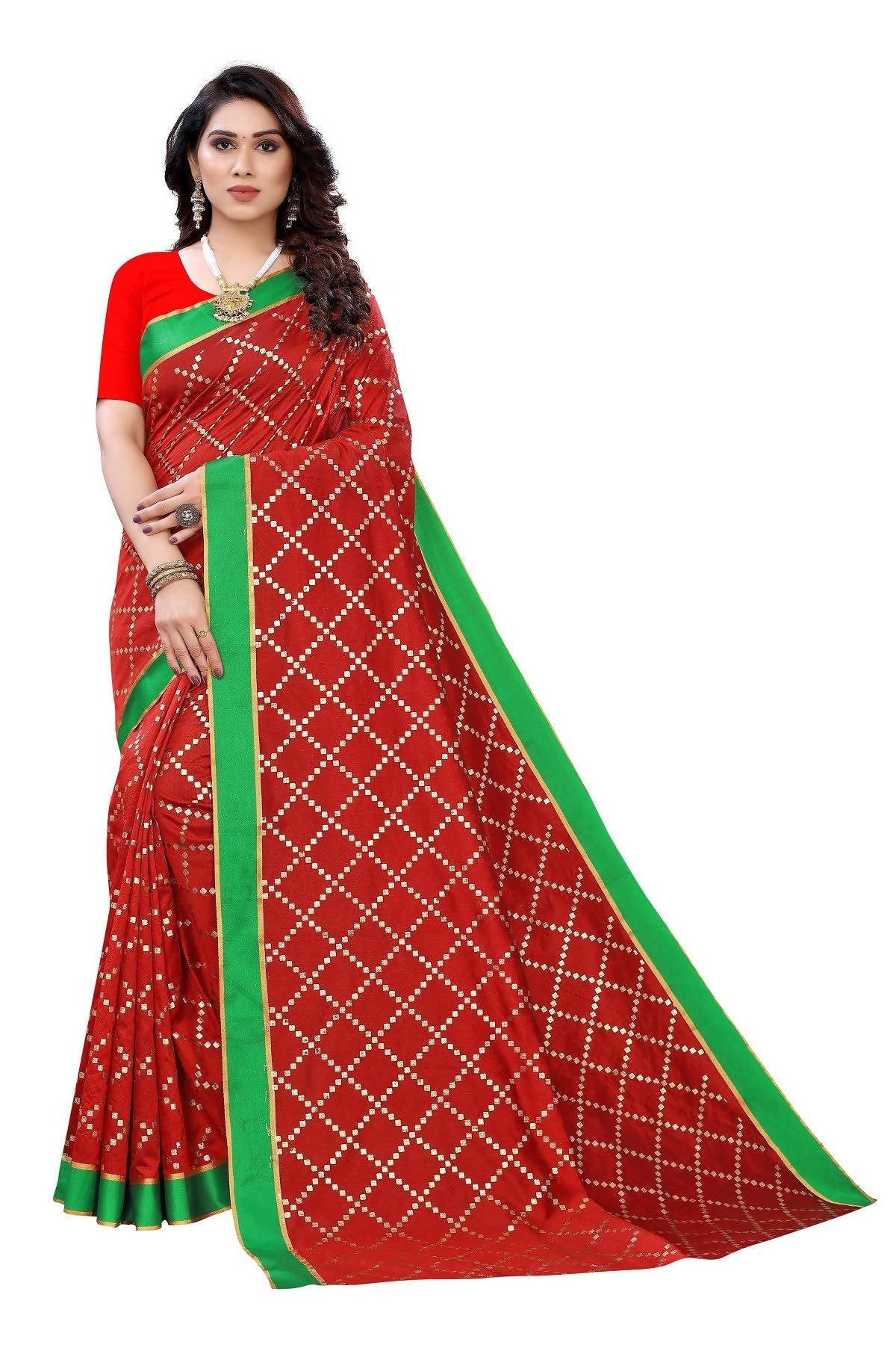 Vamika Red Linen Foil Print Saree (YOGI RED) - Distacart