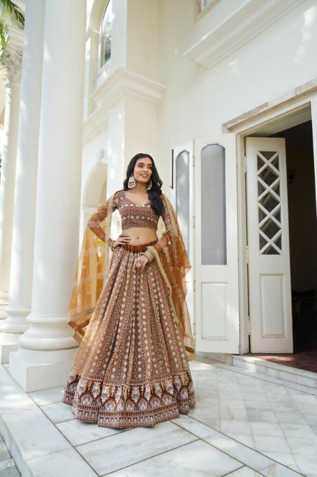 Aastha Fashion Brown Butterfly Net White Cotton Thread Work And Sequence Work Embroidery Wedding Wear Lehenga Choli