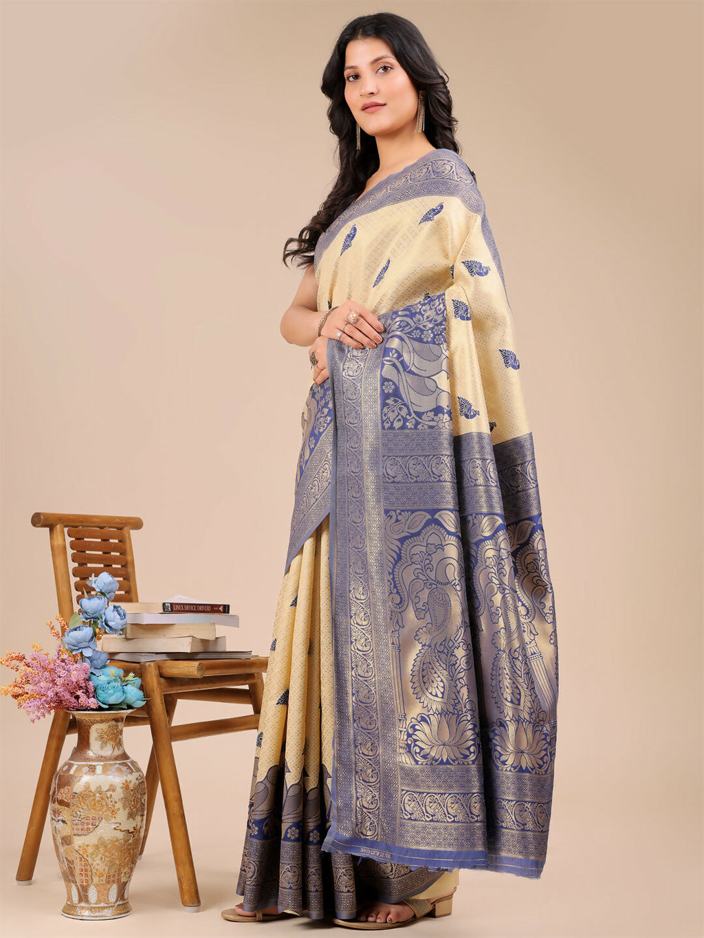 Shree Shyam Fashion Banarasi Silk Cream & Navy Blue Saree - Distacart