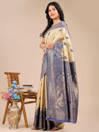 Shree Shyam Fashion Banarasi Silk Cream & Navy Blue Saree - Distacart