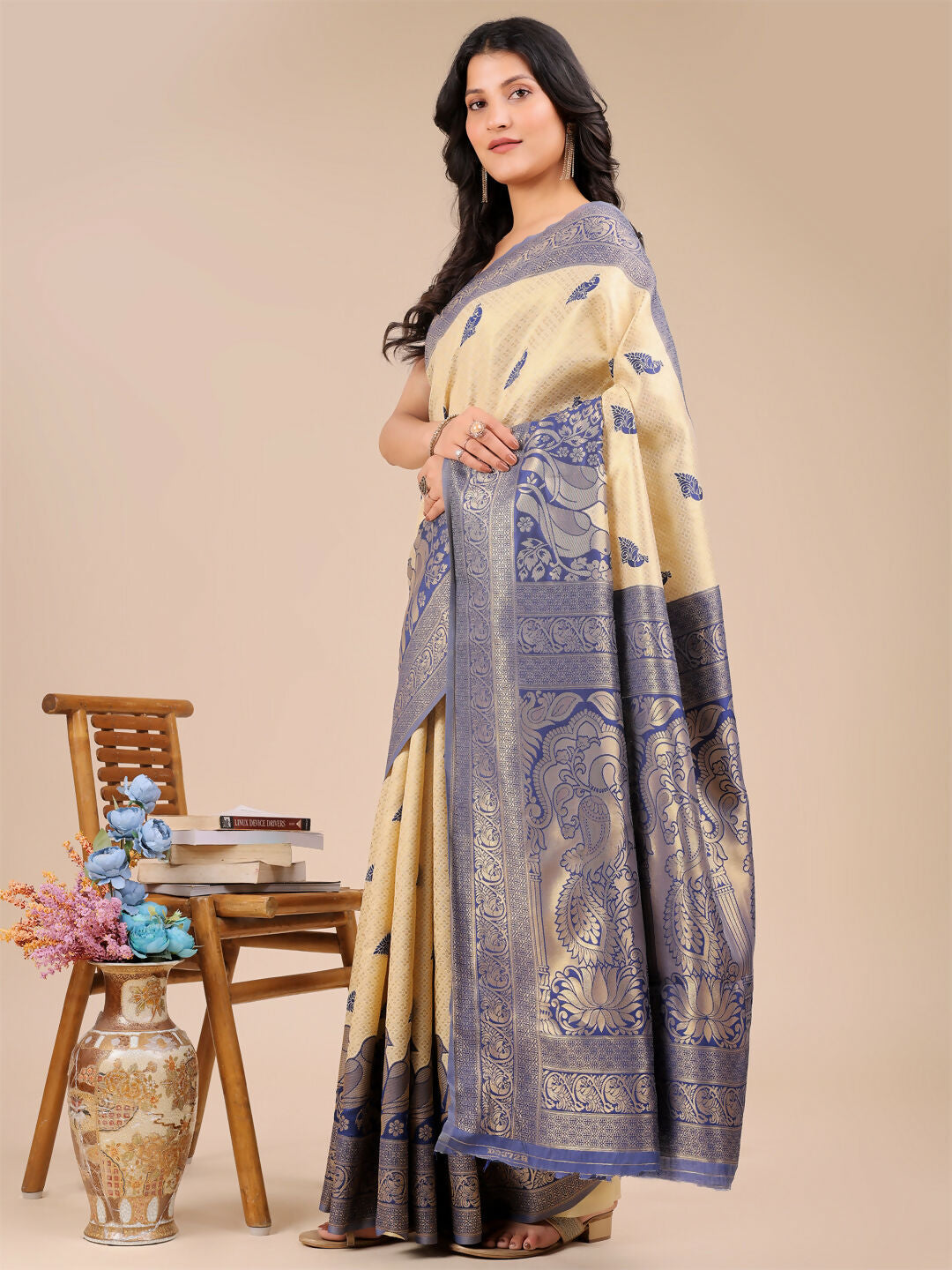 Shree Shyam Fashion Banarasi Silk Cream & Navy Blue Saree - Distacart