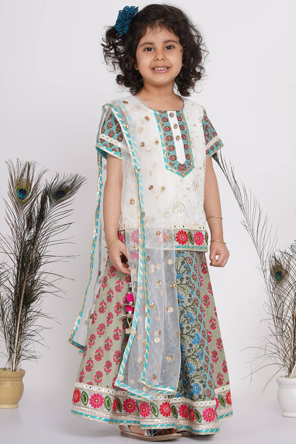 Little Bansi Girls Cotton Embroidery Kurta With Lehenga & Tussel - White & Multicolor