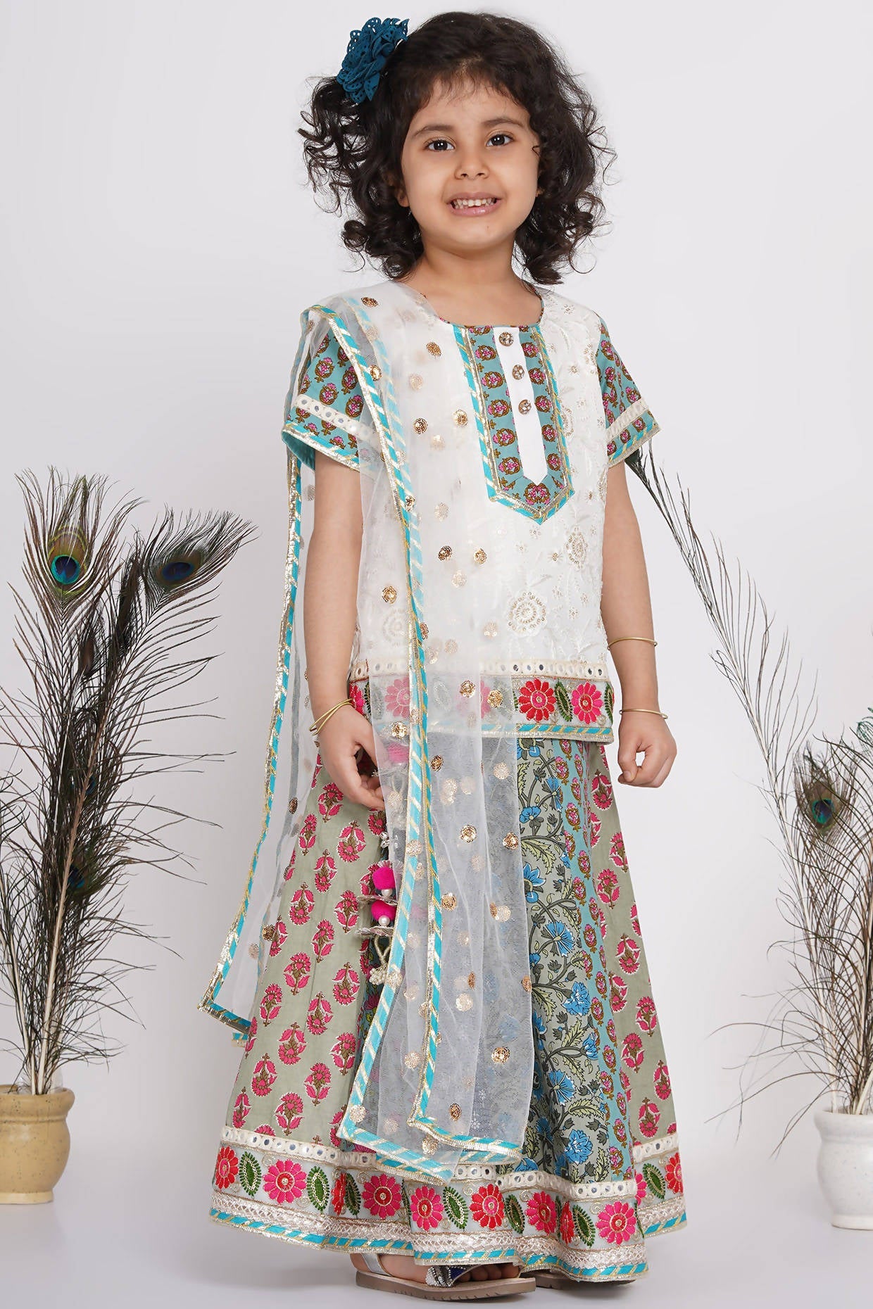 Little Bansi Girls Cotton Embroidery Kurta With Lehenga & Tussel - White & Multicolor