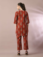 Myshka Women's Rust Printed Cotton Round Neck Party Tunic With Trousers Co-ord set