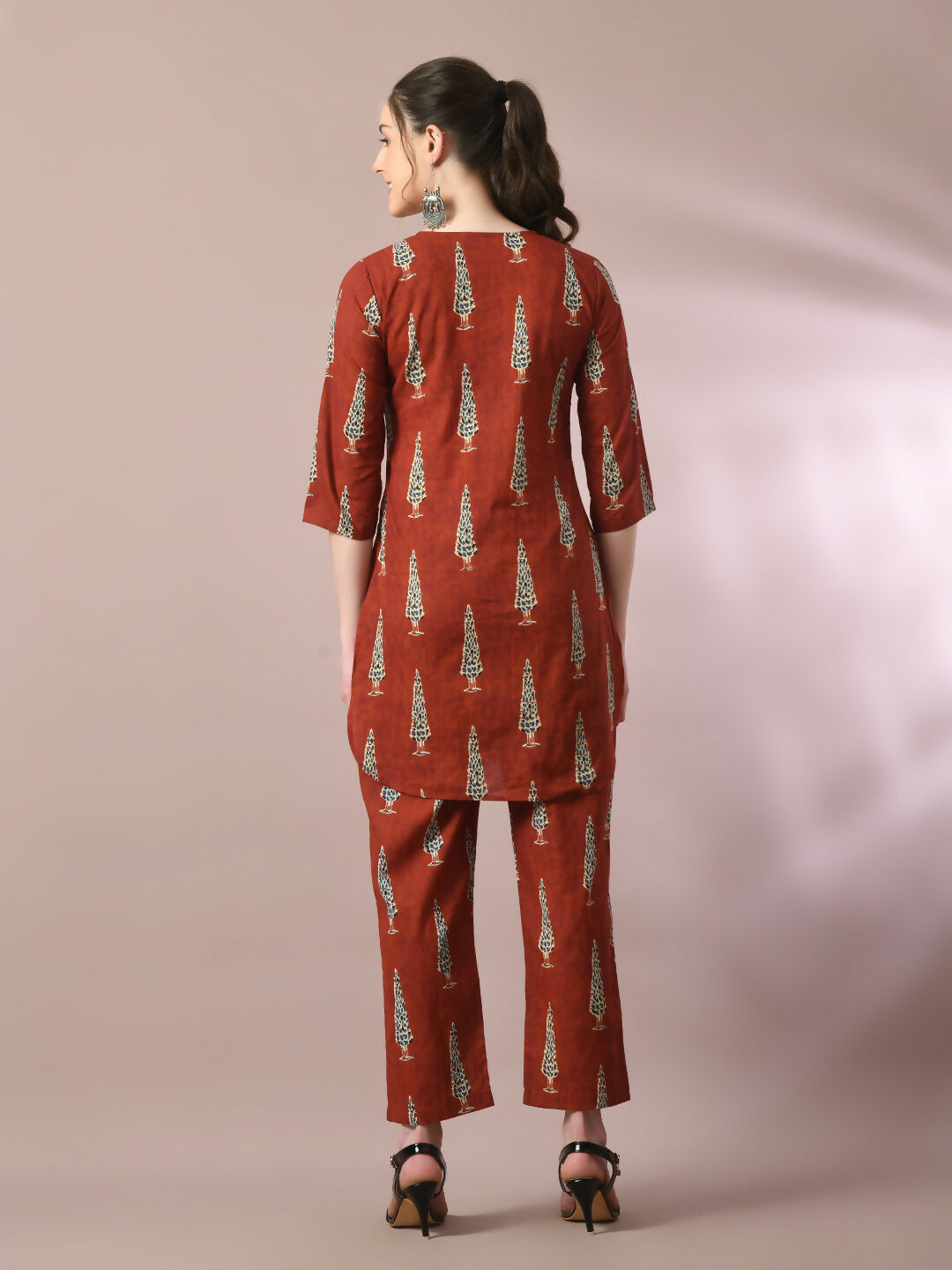 Myshka Women's Rust Printed Cotton Round Neck Party Tunic With Trousers Co-ord set