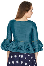 Aastha Fashion Women's Teal Art Silk Bell Sleeves attire with Poly Cotton Lining Blouse