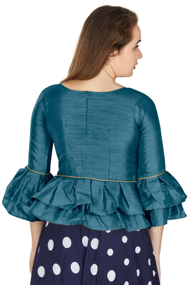 Aastha Fashion Women's Teal Art Silk Bell Sleeves attire with Poly Cotton Lining Blouse