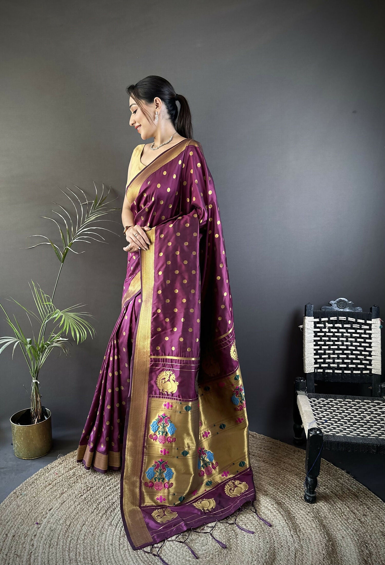 Joban Fashion Wine Polka Dot Lichi Silk Paithani Silk Saree - Distacart