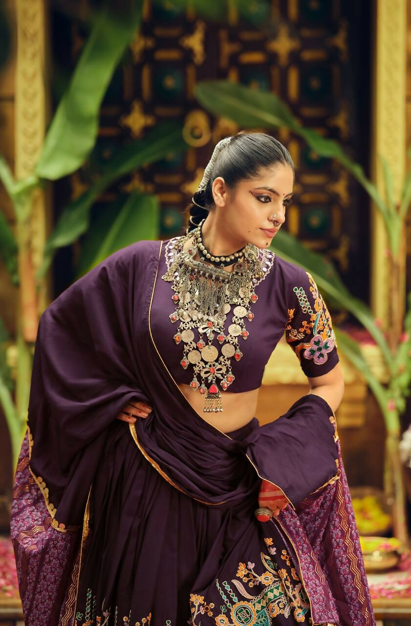 Teeya Creation Wine Colour Rayon Silk Digital Print Fully Stitched Navratri Lehenga