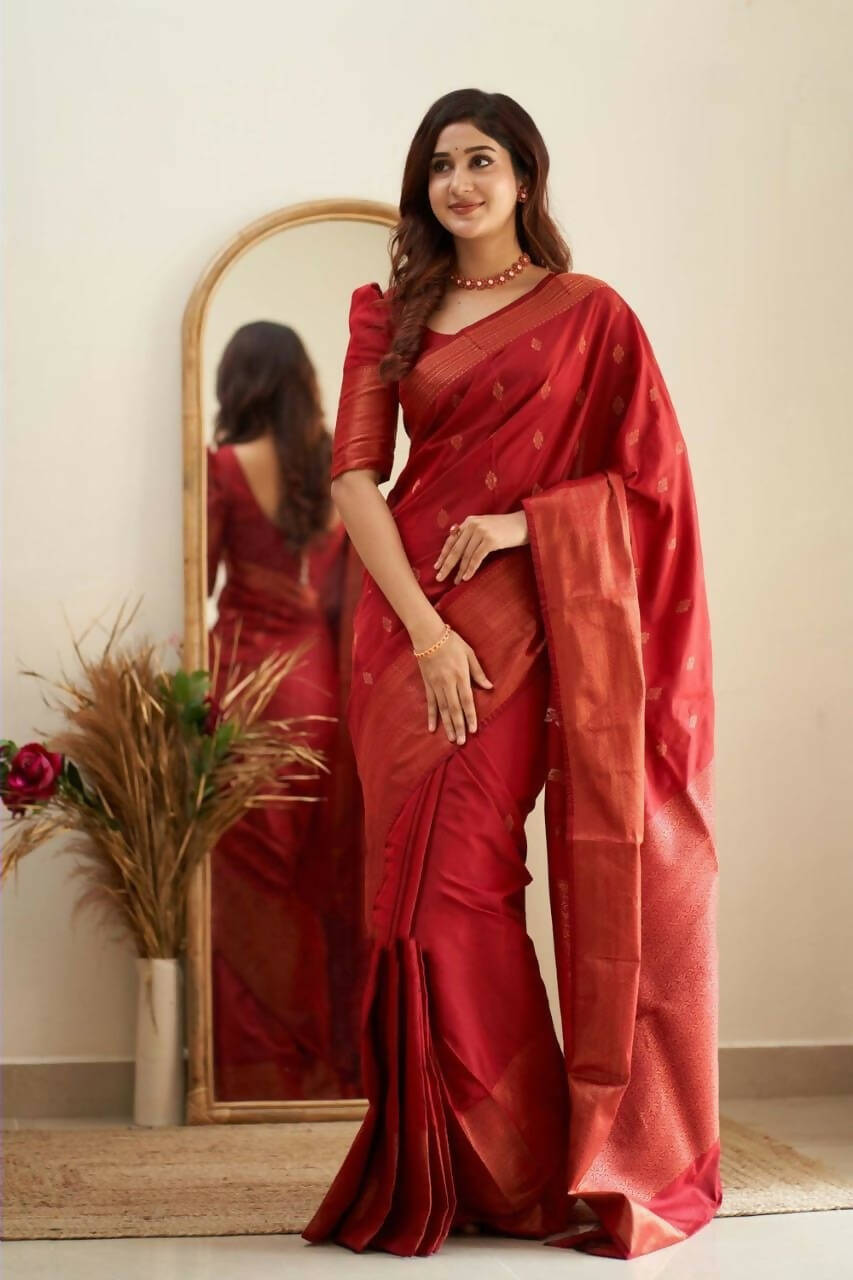 DEIANA'S Beautiful Designer Golden zari Soft Lichi Silk Saree - Red