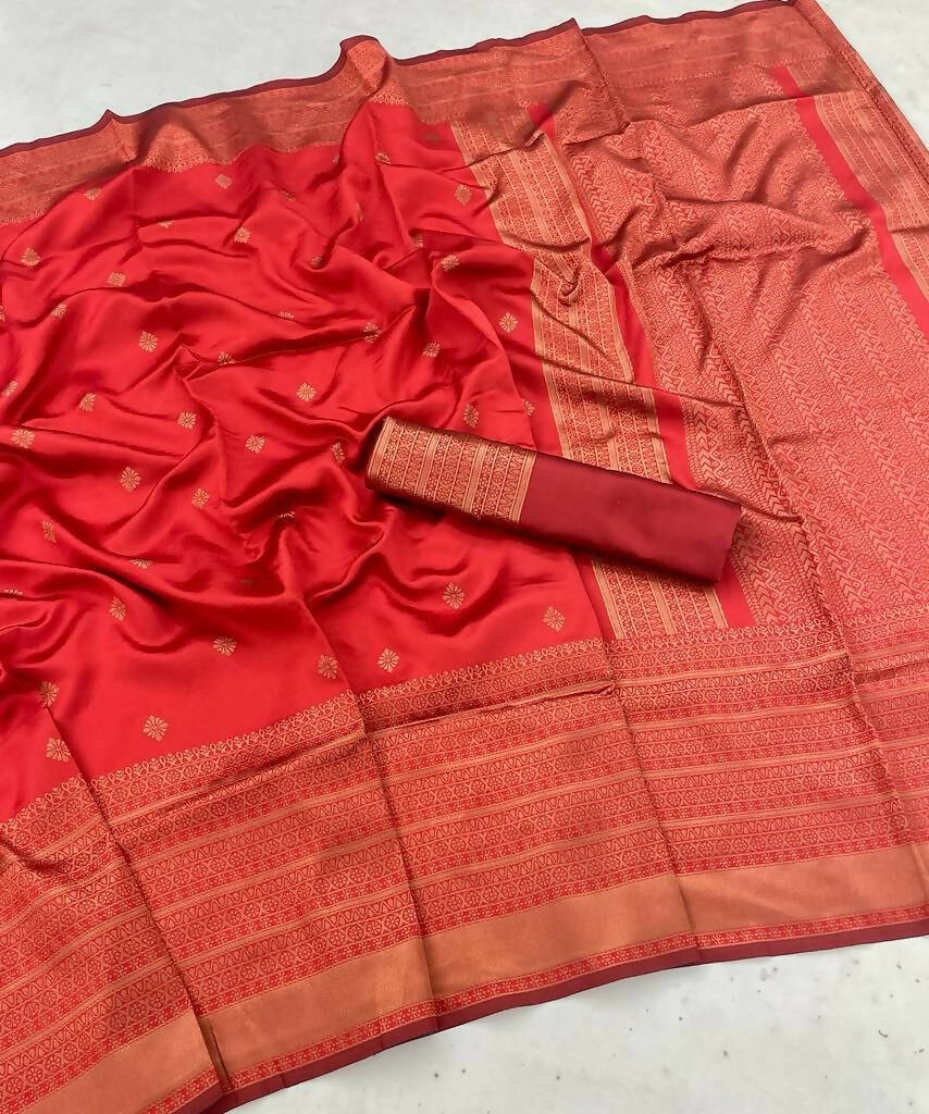 DEIANA'S Beautiful Designer Golden zari Soft Lichi Silk Saree - Red