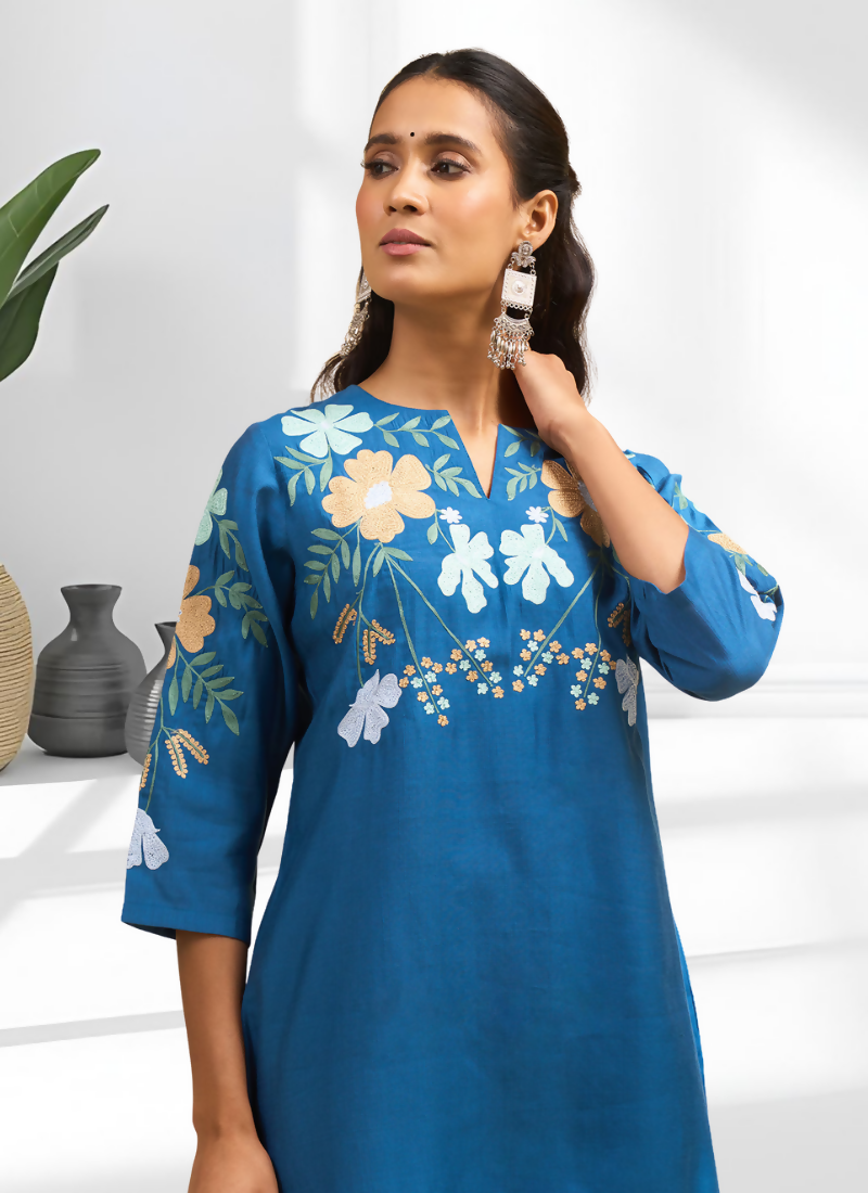 Joban Fashion Teal Silk Embroidered Readymade Cord Set - Distacart