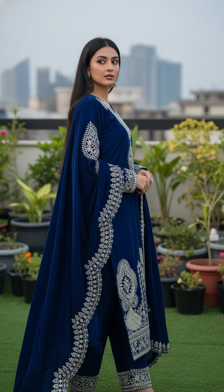 Teeya Creation Blue Color Velvet Designer Embroidery Work party Wear Suit - Distacart
