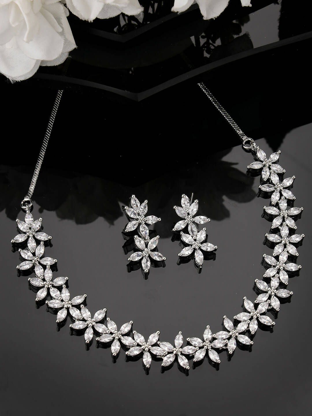NVR Women Silver Plated Cz Stone Handcrafted Jewellery Set