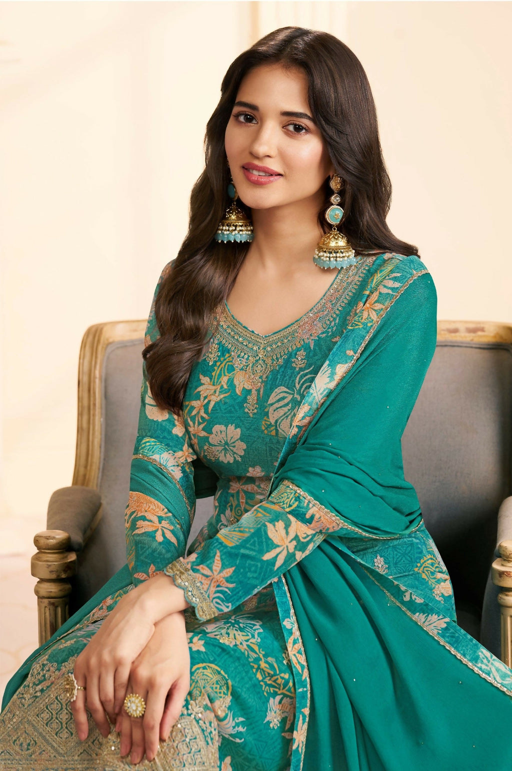 Anaita Teal Green Chinon Stitched Suit with Multi Digital Print - Distacart