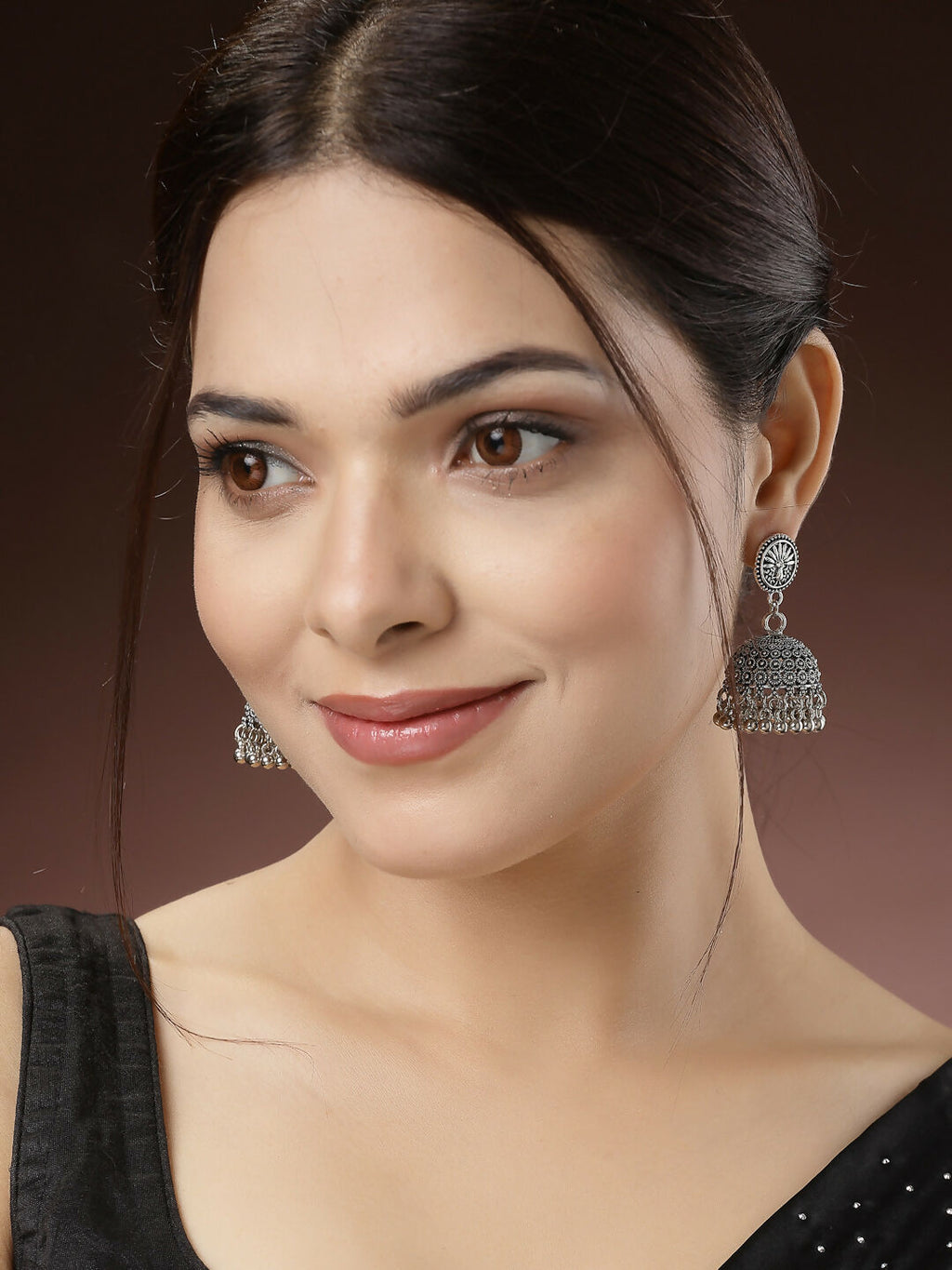 NVR Women's Silver-Toned German Silver Oxidised Dome Shaped Jhumka Earrings - Distacart