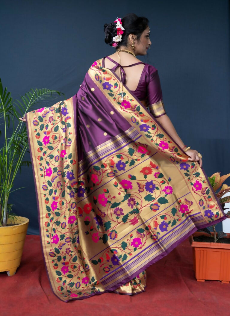 Jyoti Fashion Women's Wine Paithani Silk Zari Woven Saree with Blouse