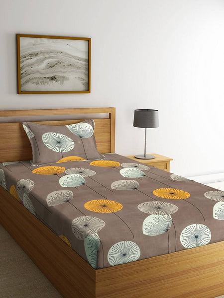 KLOTTHE Brown & Yellow Floral 210 TC Cotton Bedsheet with Pillow Cover