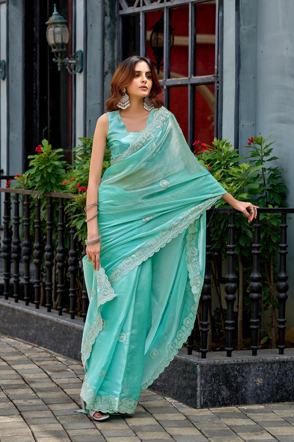 Vastranavya Turquoise Embroidery Work Shimmer Chiffon Saree with Unstitched Blouse - Distacart