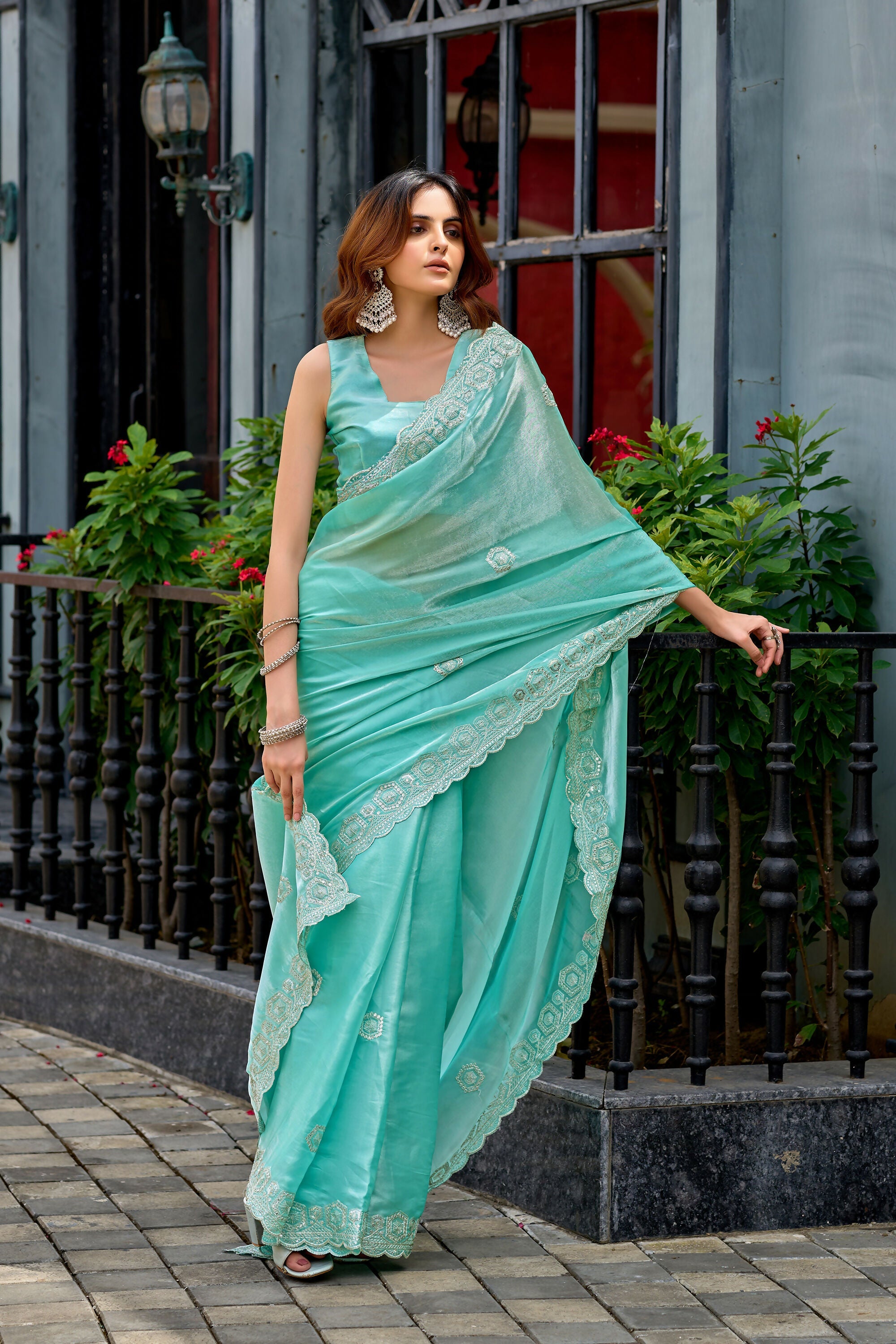 Vastranavya Turquoise Embroidery Work Shimmer Chiffon Saree with Unstitched Blouse - Distacart