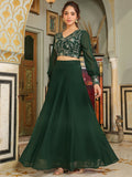 Janasya Dark Green Georgette Embroidered Top & Skirt