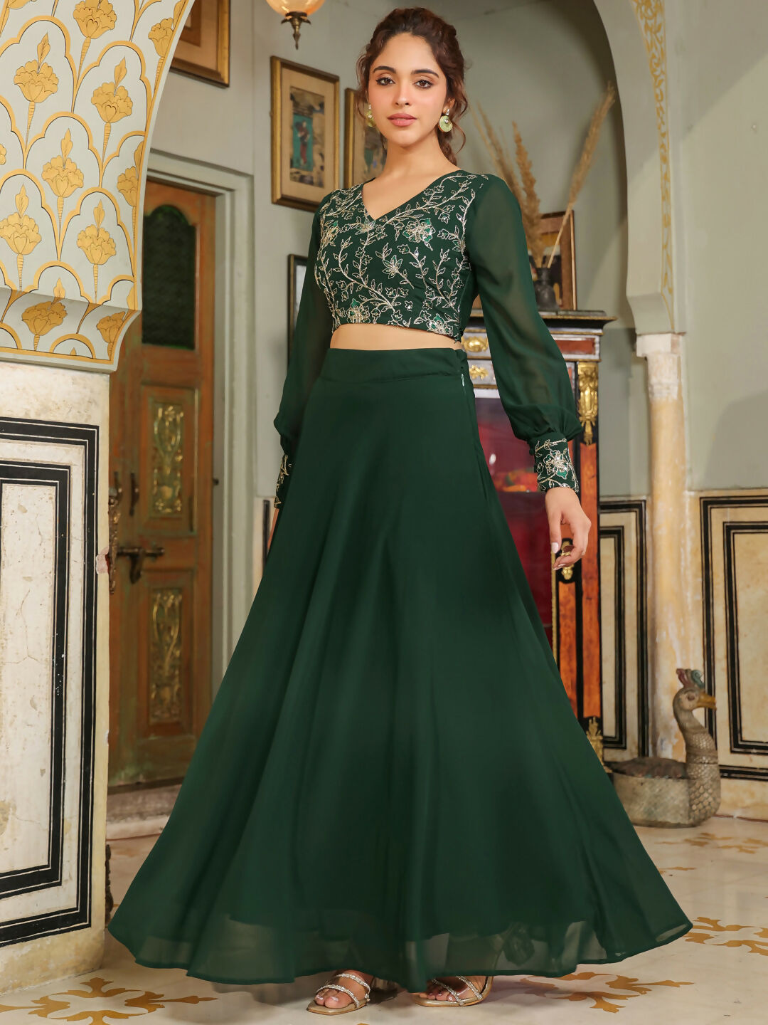 Janasya Dark Green Georgette Embroidered Top & Skirt
