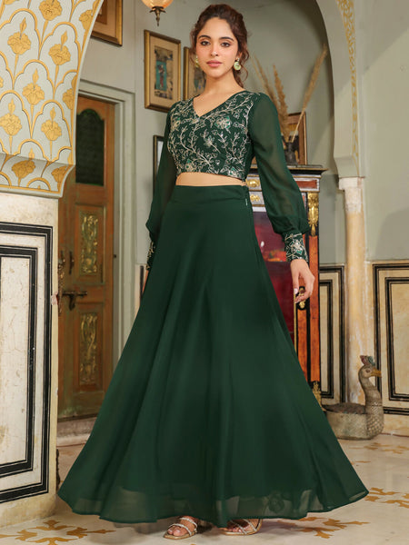 Janasya Dark Green Georgette Embroidered Top & Skirt