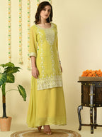 Myshka Women's Yellow Georgette Kurta & Skirt With Dupatta Party Sets
