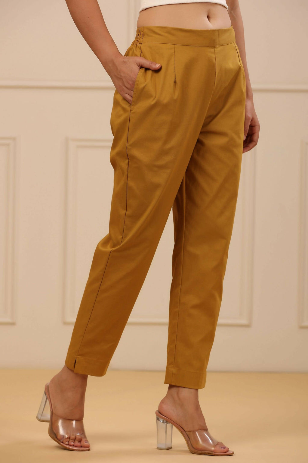Juniper Women's Mustard Cotton Spendex Solid Straight Pant - Distacart