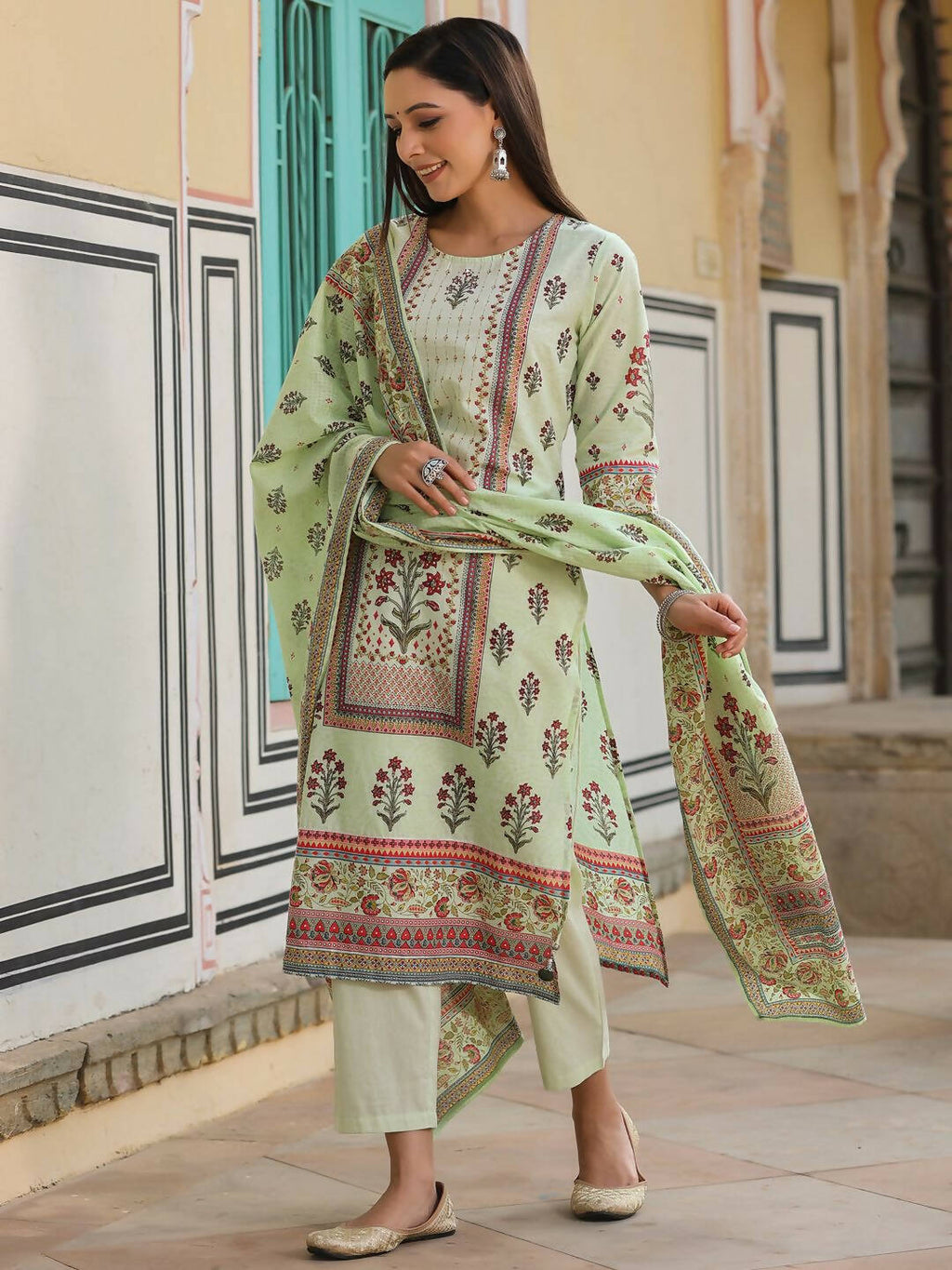 Juniper Women's Lime Green Cambric Floral Placement Printed Straight Fit Kurta Sets - Distacart