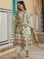Juniper Women's Lime Green Cambric Floral Placement Printed Straight Fit Kurta Sets - Distacart