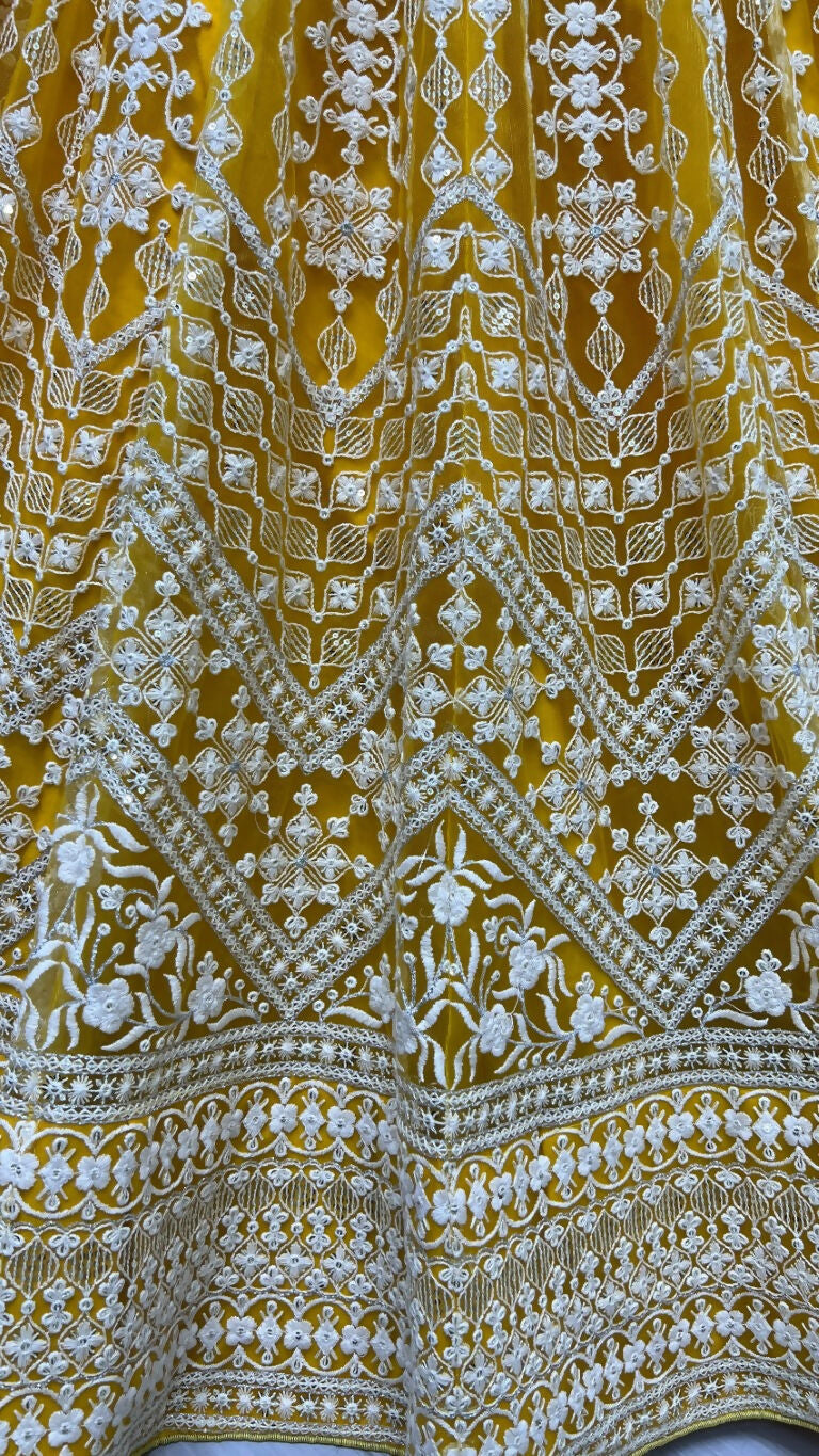 Jyoti Fashion Women's Yellow Net Patterned Thread Embroidered with Sequins Wedding Lehenga Choli