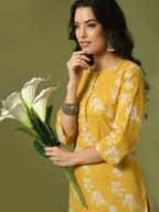 Myshka Women's Yellow Printed Cotton Round Neck Party Tunic With Trousers Co-ord set
