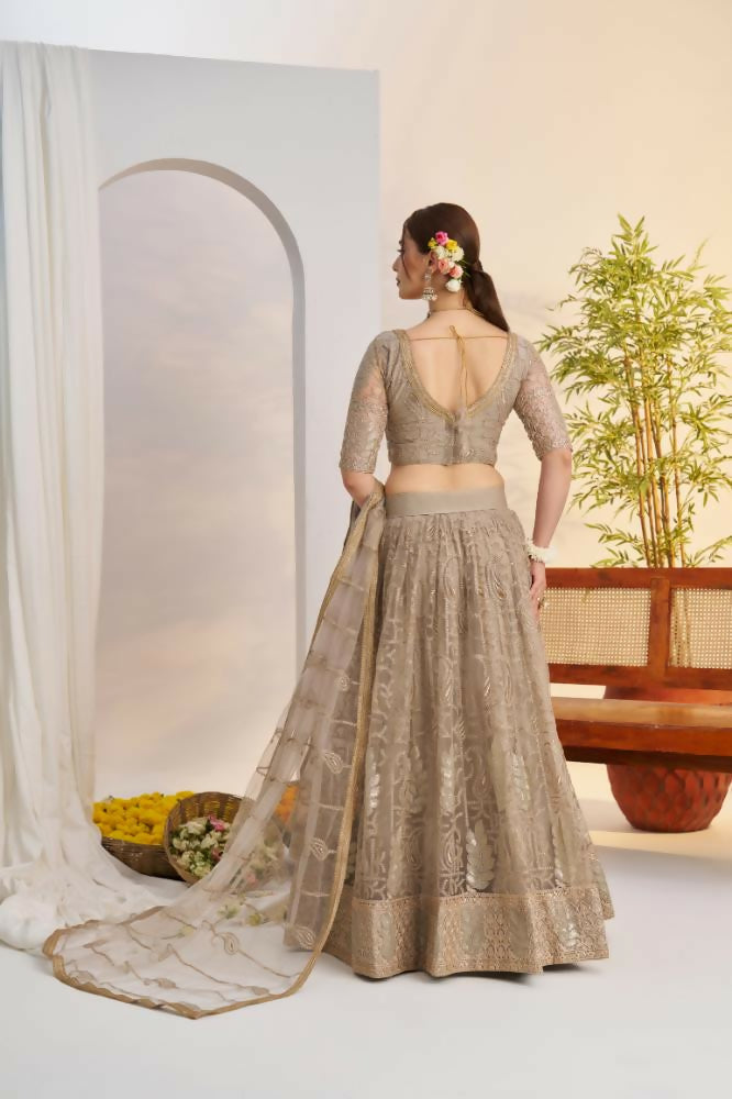 Aastha Fashion Metallic Gray Butterfly Net Tone To Tone Cotton Thread Work And Sequence Work Embroidery Wedding Wear Lehenga Choli