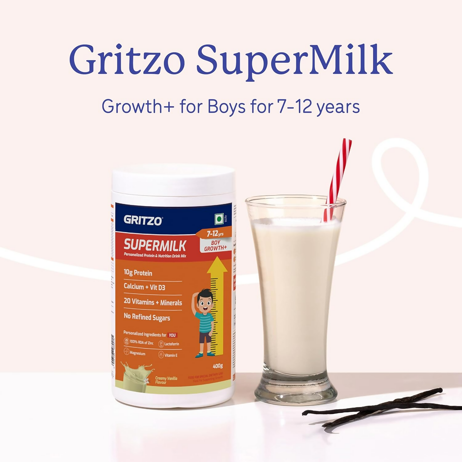Gritzo SuperMilk Growth+ (Formerly Height+) (7-12y Boys), 10g Protein Powder-Creamy Vanilla - Distacart