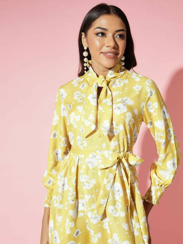 Myshka Women Yellow Floral Rayon A-Line Shirt Collar Dress - Distacart