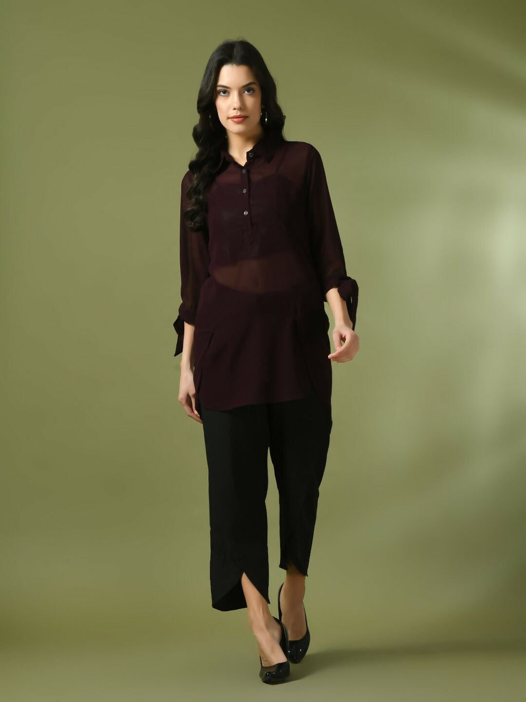 Myshka Women's Coffee Brown Solid Georgette Longline Party Sheer Tunic