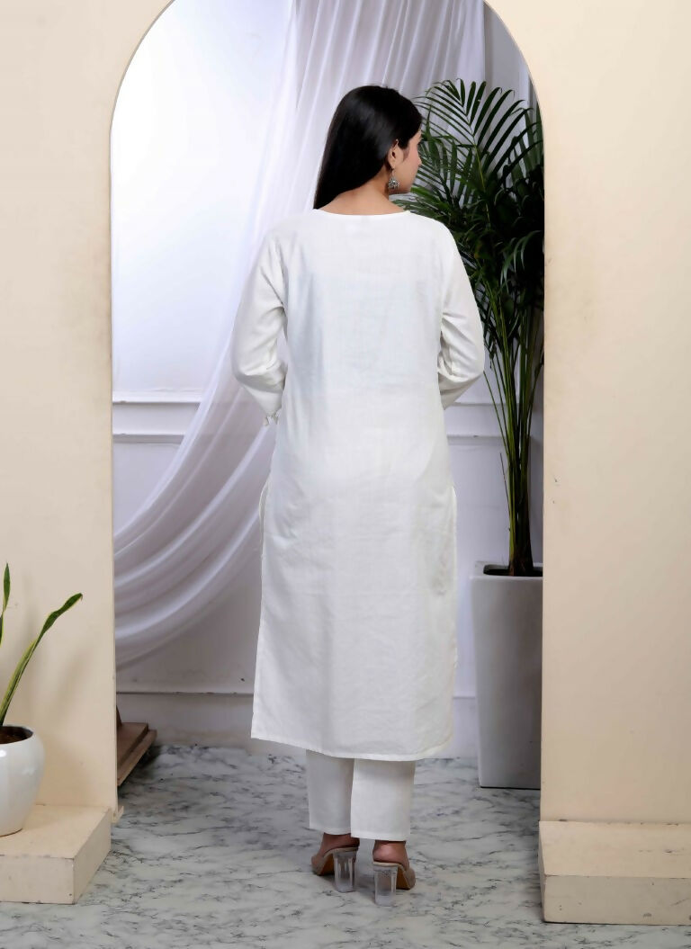 Miravan Women's White Cotton Thread Work Embroidered And Mirror Work Straight Kurta Palazzo With Dupatta Set