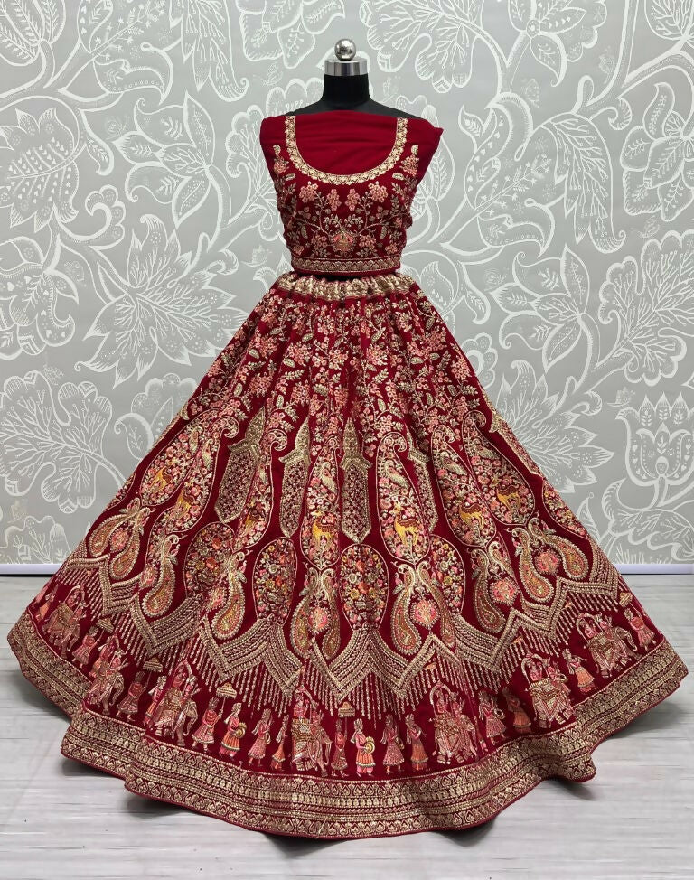Jyoti Fashion Women's Rani Pink Velvet Multi Thread Embroidered with Zircon Diamond Work Wedding Lehenga Choli