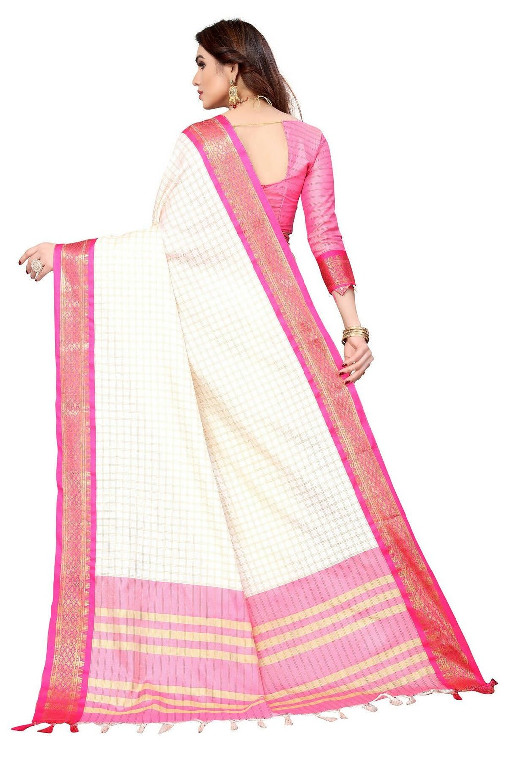 Vamika Weaving White Cotton Silk Saree (DEVAL PINK) - Distacart