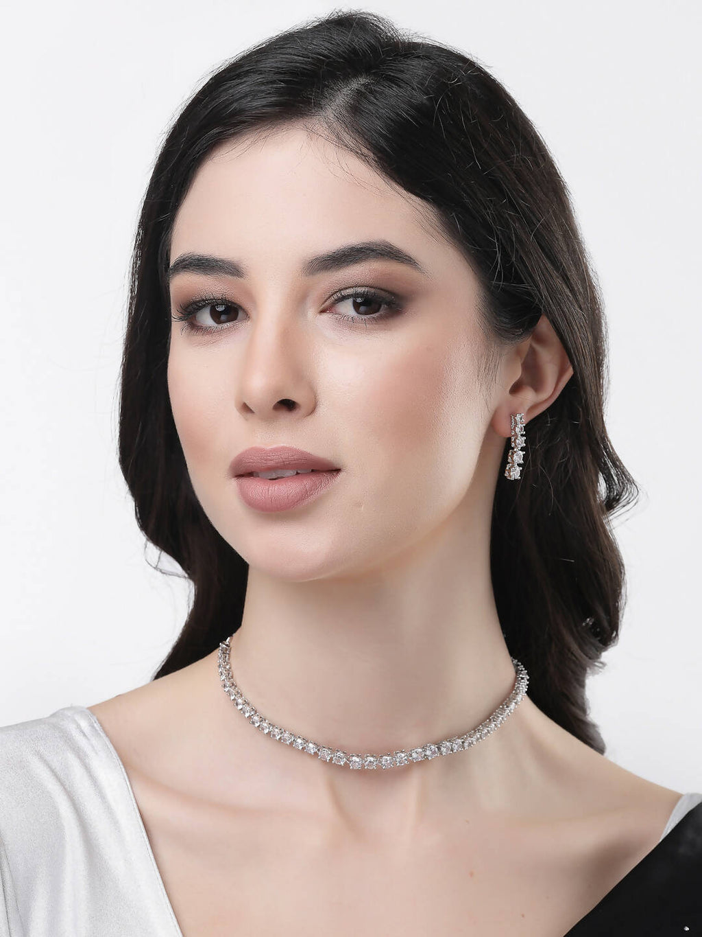 NVR Women Silver Plated Cz Stone Handcrafted Jewellery Set
