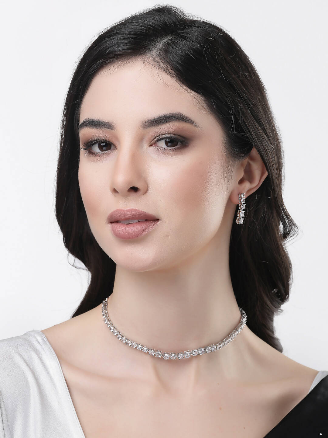 NVR Women Silver Plated Cz Stone Handcrafted Jewellery Set