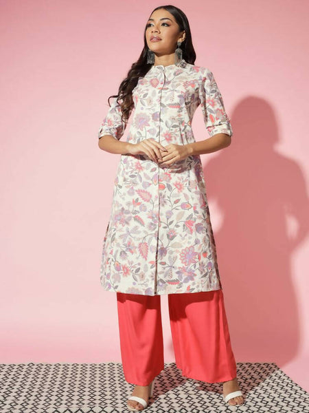 Myshka Women Multi Floral Cotton A-Line Round Neck Kurtas