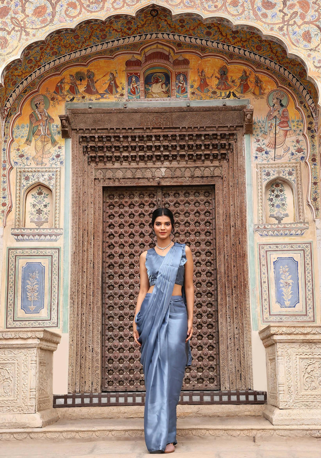 Sky Blue Tom Silk Plain Ready To Wear Saree With Stitched Blouse - Satiksha