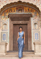 Sky Blue Tom Silk Plain Ready To Wear Saree With Stitched Blouse - Satiksha