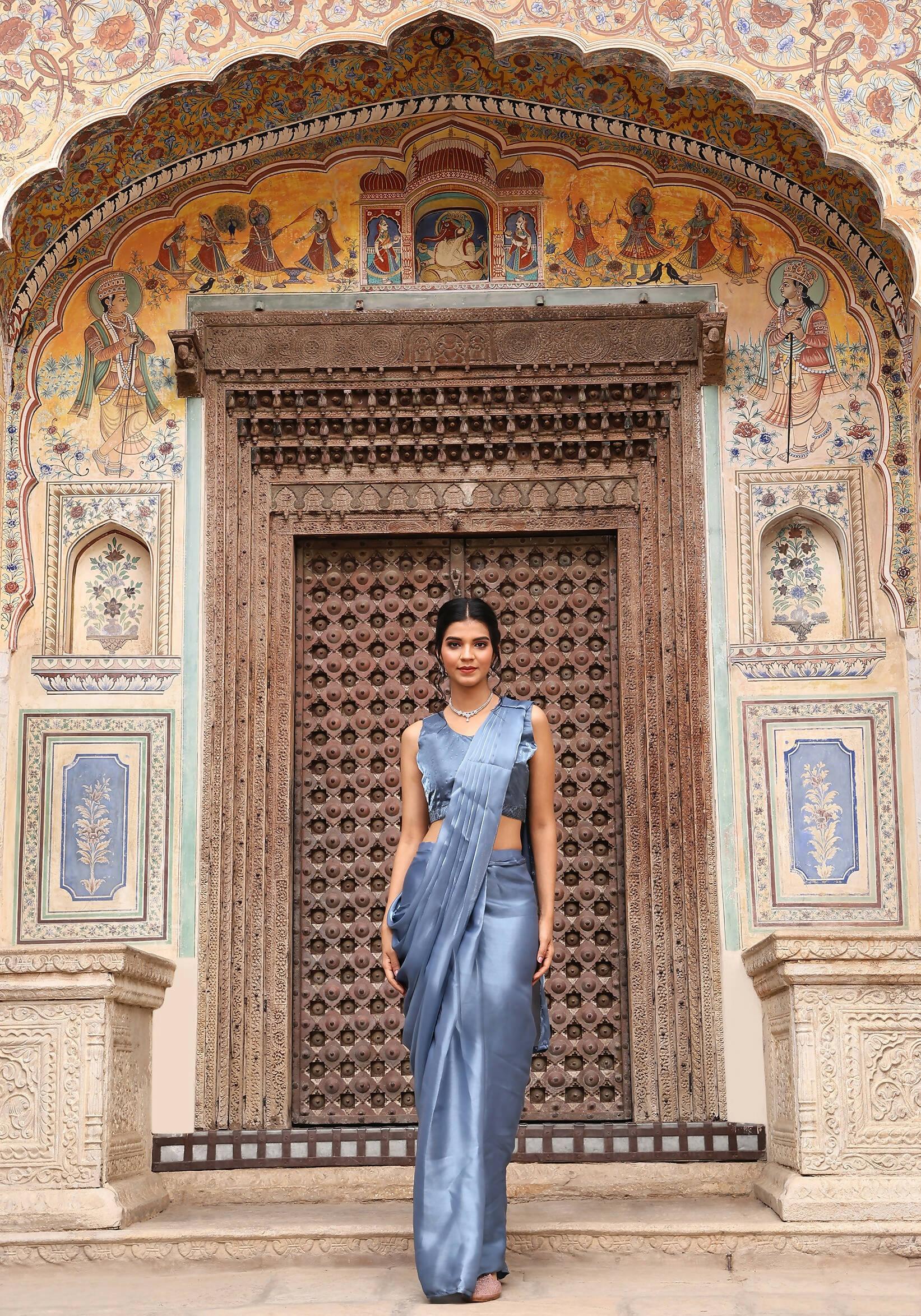 Sky Blue Tom Silk Plain Ready To Wear Saree With Stitched Blouse - Satiksha
