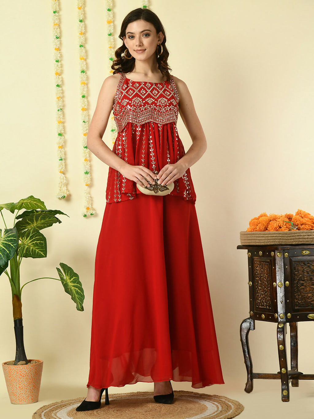 Myshka Women's Red Georgette Top With Skirt Party Sets
